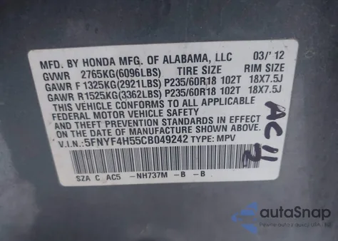 2012 Honda Pilot Ex-L z USA, uszkodzony, nr VIN 5FNYF4H55CB049242